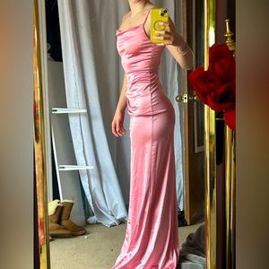 light pink, long, tight,  prom dress with a slit on the side